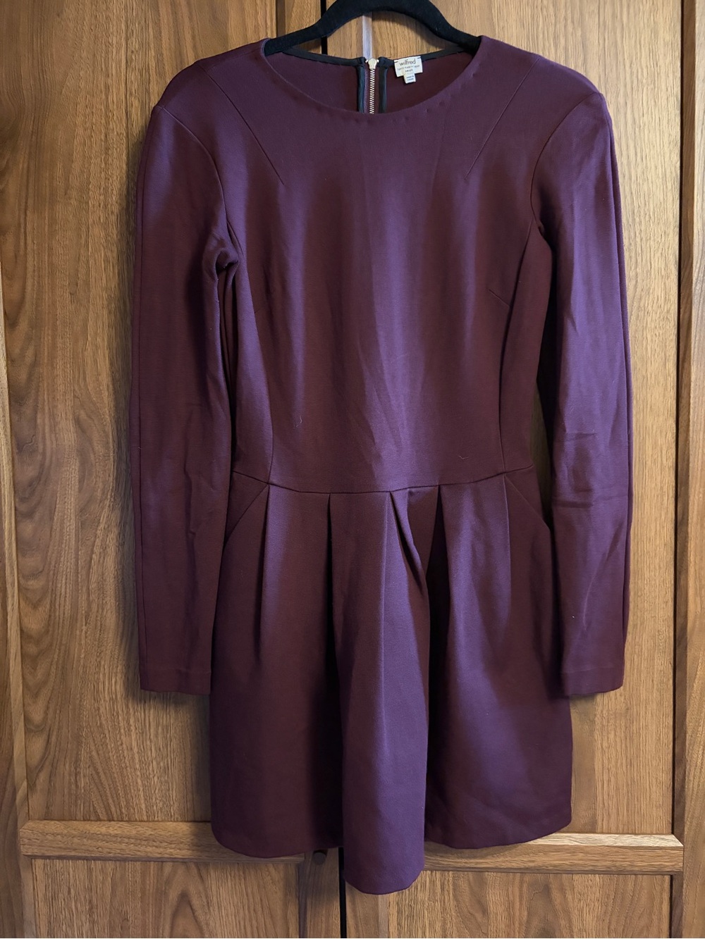 Wilfred Burgundy Round-Neck Pleated Skater Dress